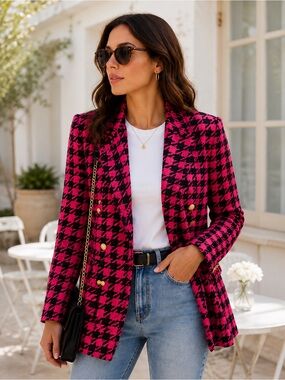 River Island Pink & Black Houndstooth Double Breasted Blazer | UK 12 / EU 38